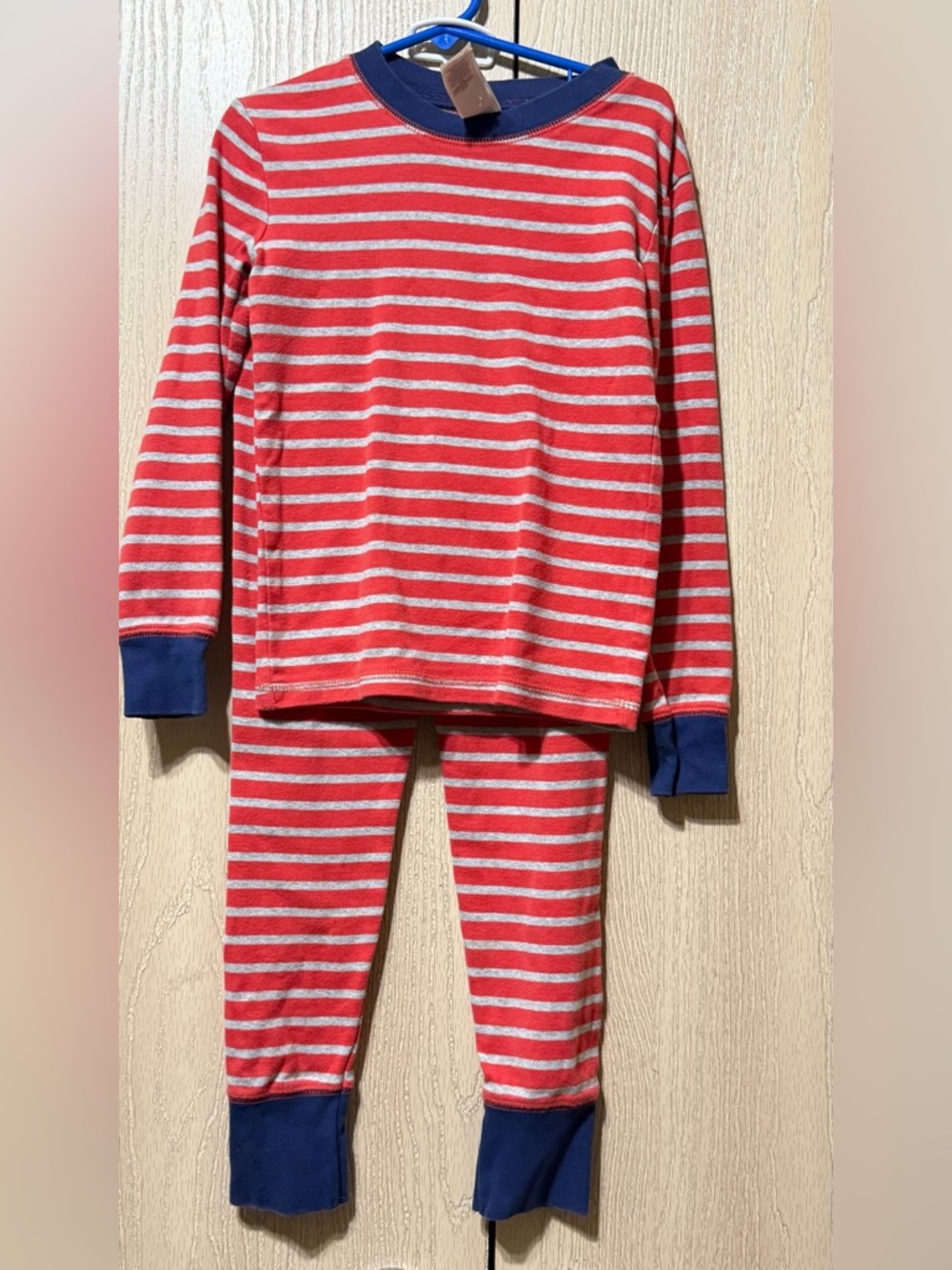 Mini Boden Red & Gray Striped Pajama Set with Navy Cuffs